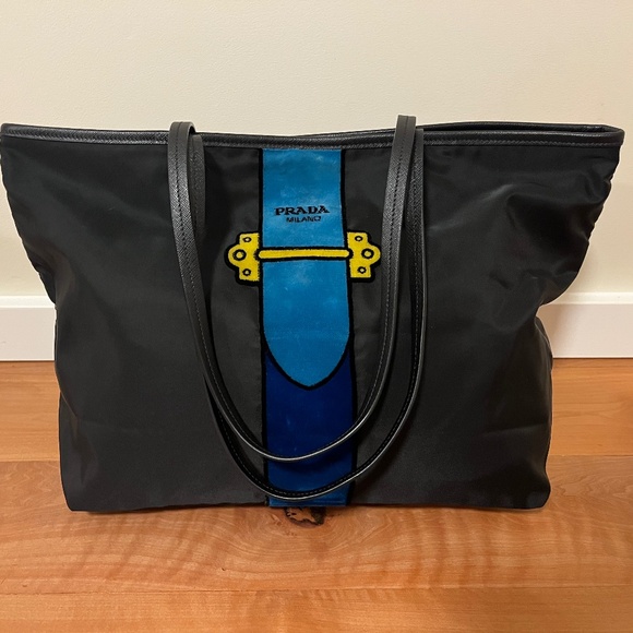 Prada Black & Velvet Nylon Tessuto Ricamo Tote Bag, Blue Stripe - Picture 1 of 5